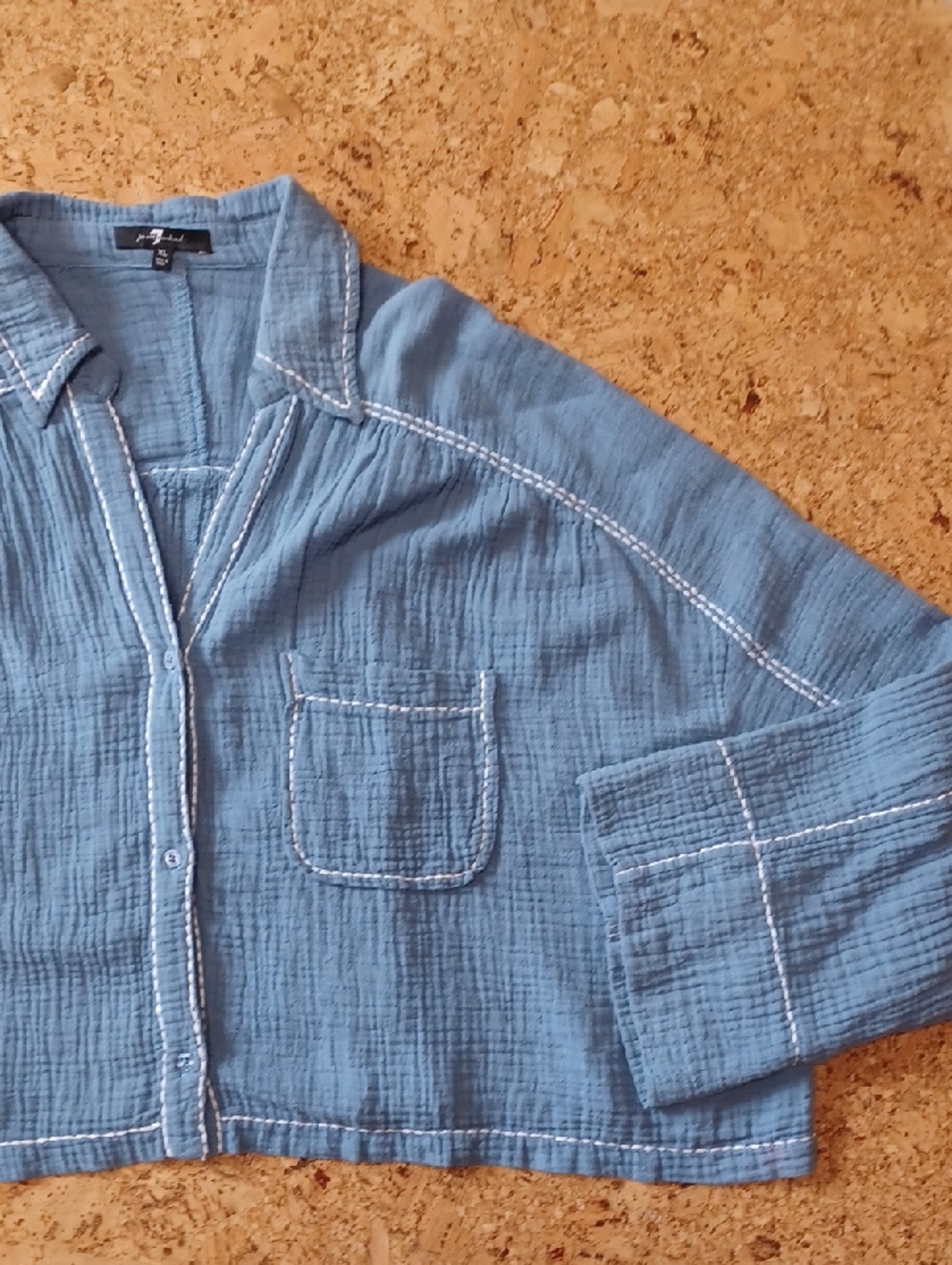 7 For All Mankind Blue Cotton Gauze Cropped Button Down Blouse Size XL - Picture 3 of 6